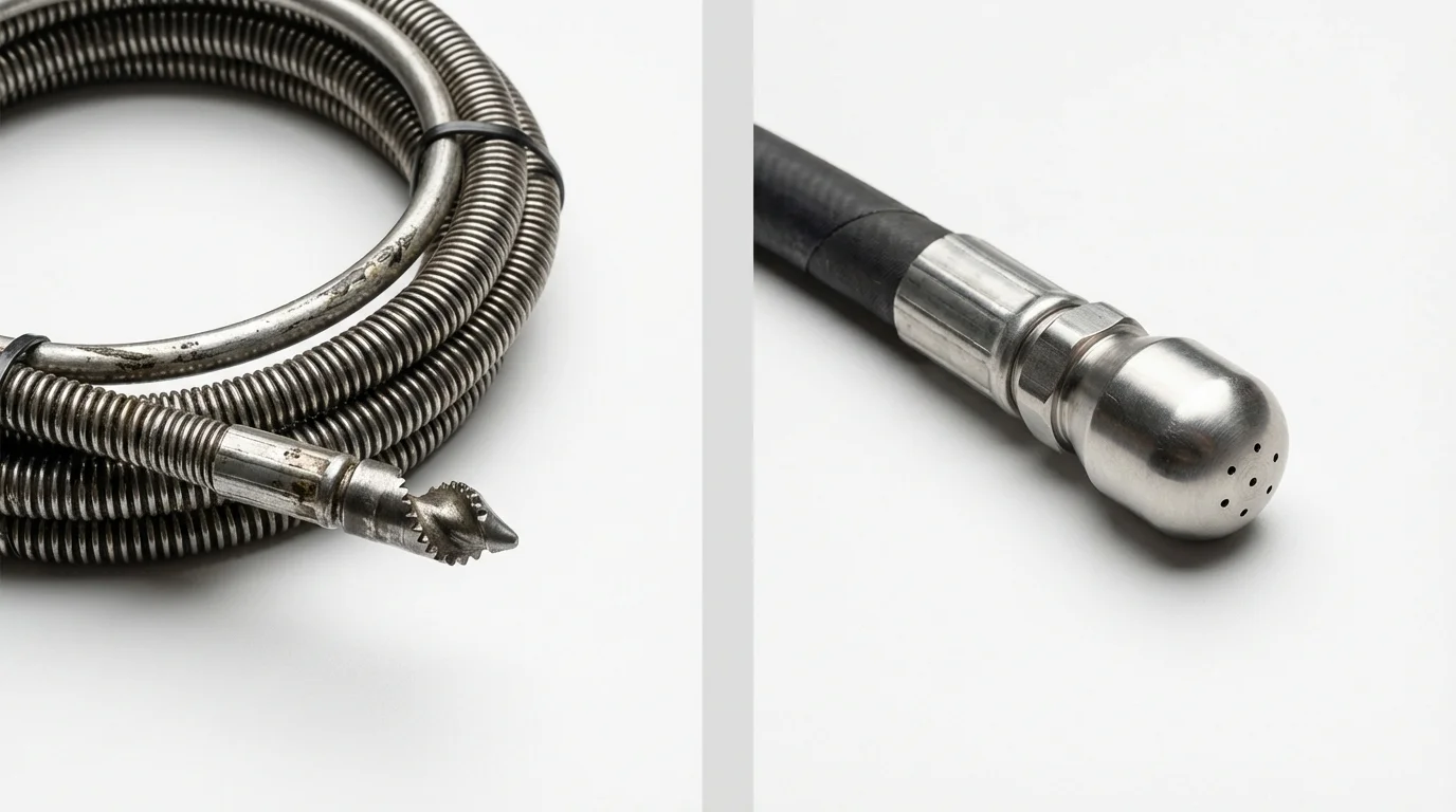 Drain snake cable and hydro jetting nozzle used for drain cleaning in Highlands, TX