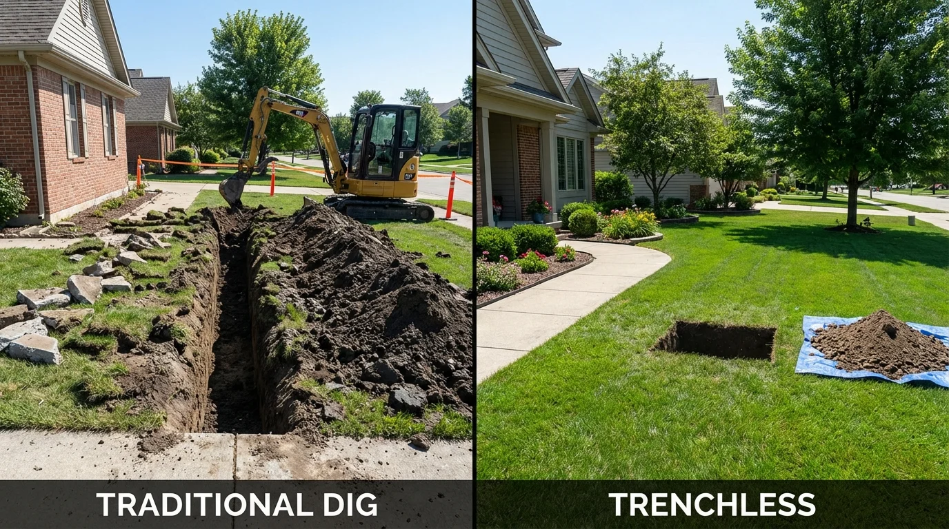 Trenchless sewer repair with minimal yard damage versus traditional excavation in Highlands, TX
